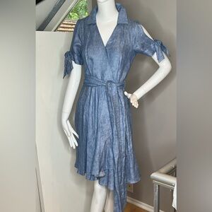 Milly Sz 2 Linen Chambray Blue Valerie Cold Shoulder Wrap Dress